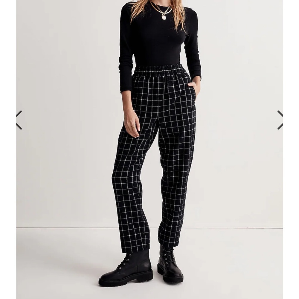 New Madewell Hurston pull on taper plaid pants in black and white